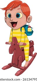 A boy wearing pajamas and a backpack playing on a rocking horse vector illustration