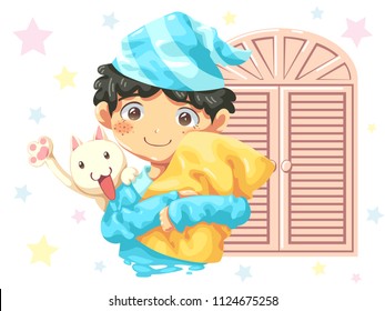 The boy wearing pajamas, hugging a pillow and cat on the shoulder design character cartoon vector illustration