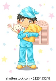 The boy wearing pajamas, hugging a pillow, full body and cat on the shoulder design character cartoon vector illustration