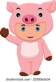 Boy Wearing Pig Costume Waving