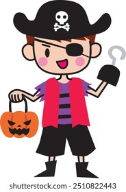 A boy wearing pirate costume. Halloween. Vector Illustration.