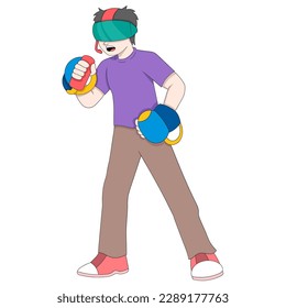 Der Junge trägt und spielt ein neues virtuelles Reality-Spiel. Vektordesign-Illustration