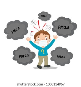 Boy wearing pollution mask to prevent pm25, illustration vector cartoon
