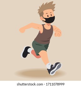 Boy wearing protection mask. Jogging cardio running. Runner wearing medical mask, Coronavirus pandemic Covid-19. Sport, Active life in quarantine. Outdoor run.