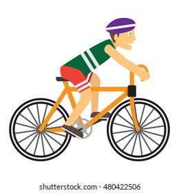 Boy wearing protective helmet while riding a bike. Happy cartoon biker. Guy on the cute bicycle. Ecologically safe kind of transport. Healthy way of life and sport concept. Vector illustration.