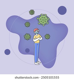 Boy wearing protective mask, surrounded by virus. Young male character in eyeglasses with crossed arms protecting himself from virus. Vector illustration for quarantine and protection concept