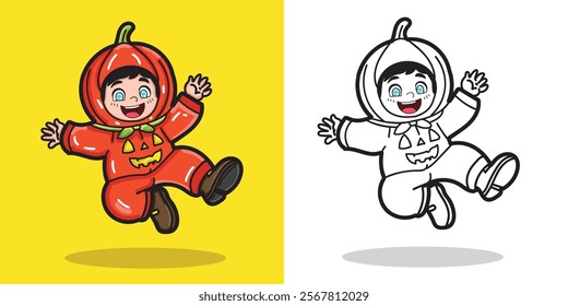 a boy wearing a pumpkin costume for halloween for design element or coloring book element