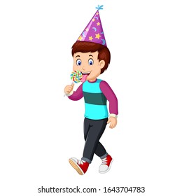 Boy Wearing Purple Birthday Hat Eating Candy Cartoon