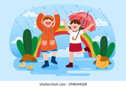 Boy wearing raincoat and cute girl holding umbrella, they enjoy playing with rain in rainy season in cartoon character style flat vector illustration