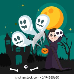 A boy wearing reaper costume with scythe on halloween night.