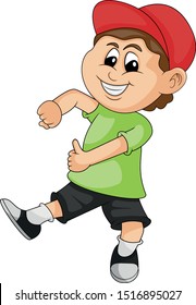 
the boy wearing the red hat dances happily cartoon vector illustration