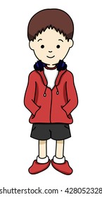 A boy wearing red jacket with headphone.