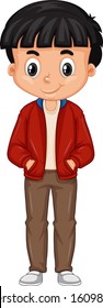 Boy wearing red jacket on white background illustration
