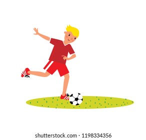 Boy wearing red soccer uniform playing and kicking football ball. Vector illustration.