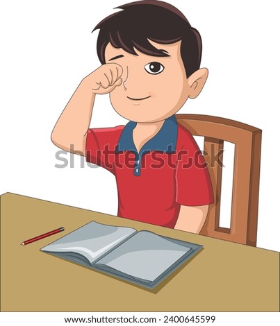 Boy wearing red t-shirt rubbing his eyes,  sitting on the chair with notebook and pencil in front of him vector illustration