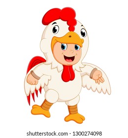 A boy wearing rooster costumes