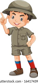 Boy wearing safari outfit on white background illustration