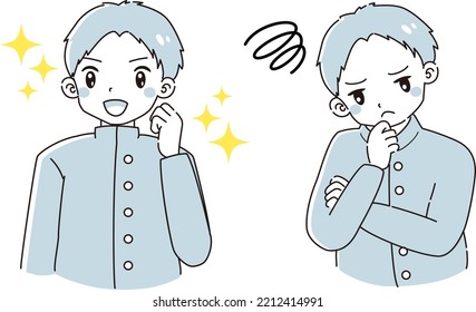 A boy wearing a school uniform with an excited expression and a troubled expression Illustration set