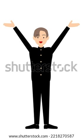 Boy wearing school uniform, Pose with outstretched hands raised