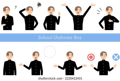 Boy wearing school uniform, posed set, Questioning, embarrassment, pointing, talking, etc.