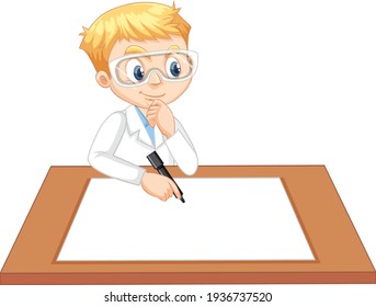 A boy wearing scientist gown with empty paper on the table illustration