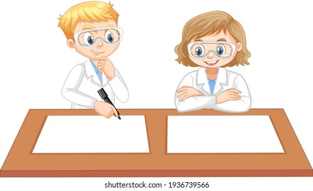 A boy wearing scientist gown with empty paper on the table illustration