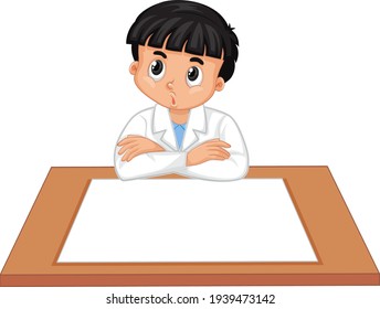 A boy wearing scientist gown with empty paper on the table illustration