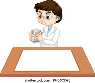 Un niño vestido de científico vestido con papel vacío en la ilustración de la mesa