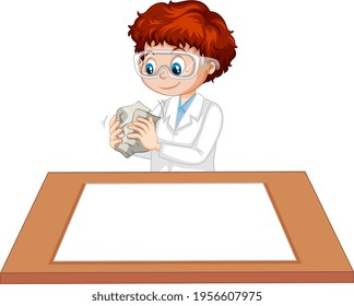 A boy wearing scientist gown with empty paper on the table illustration