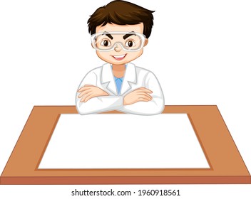 A boy wearing scientist gown with empty paper on the table illustration