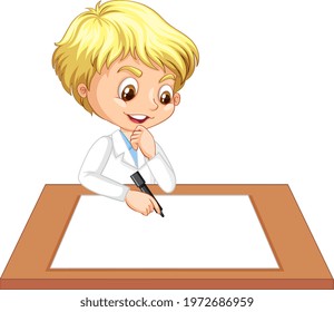A boy wearing scientist gown with empty paper on the table illustration