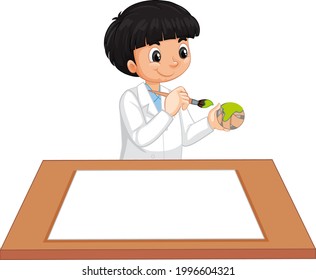 A boy wearing scientist gown with empty paper on the table illustration