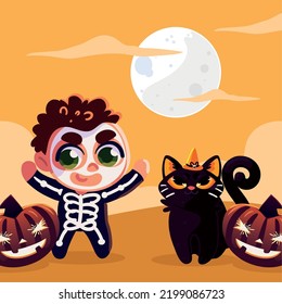 boy wearing skeleton costume with cat for halloween