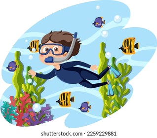 A boy wearing snorkeling mask illustration