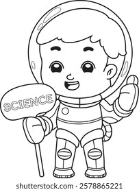 A boy wearing a spacesuit and holding a science sign.