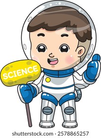 A boy wearing a spacesuit and holding a science sign.