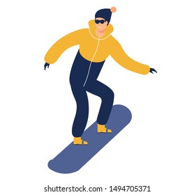 Boy wearing sportive overalls skating on snowboard. Young man performing active leisure in winter. Seasonal outdoor activity. Funny guy with glasses sliding on board. Colorful flat cartoon vector