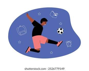Boy wearing sports uniforms to play football while back to school, vector illustration.