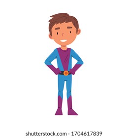 Boy Wearing Superhero Carnival Costume, Cute Kid Playing Dress Up Game Cartoon Vector Illustration