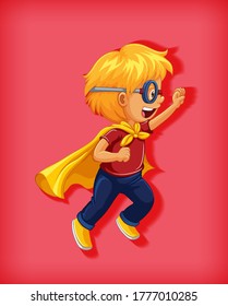 Niño usando superhéroe con estrangulamiento en posición de pie personaje de caricatura ilustración aislada