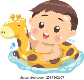 The boy wearing a swimming ring and floating on water white background