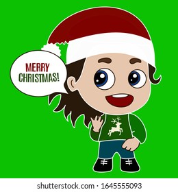 boy wearing a terrible green sweater with a picture of a deer stands and says Merry Christmas, color vector card on isolated background