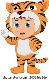 Boy Wearing Tiger Costume Waving