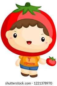 a boy wearing a tomato costume holding a tomato