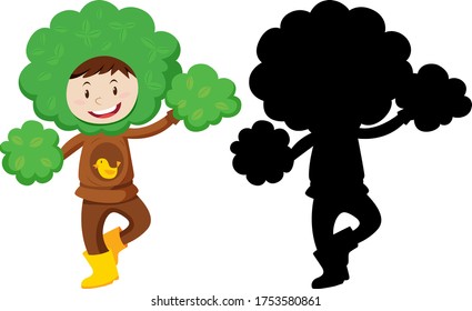 Boy wearing tree costume in colour and silhouette illustration
