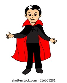 Boy wearing vampire Halloween costume. Vector illustration