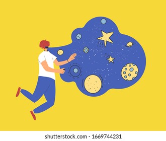 Boy wearing virtual reality glasses lookink at stars. Teenager character with vr headset watching space. Vector flat color illustration.