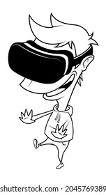 Boy wearing virtual reality glasses having fun, playing vr game. Cartoon line illustration on white background.