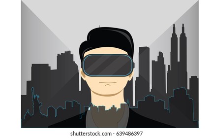 Boy wearing virtual reality goggles visualizing world places . Concept Illustration Vector of virtual travel experience.
