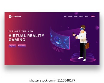 Boy wearing VR glasses playing video game with joystick, responsive landing page design for Virtual reality gaming concept.